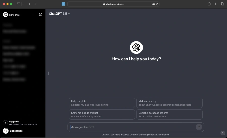 ChatGPT「Open in browser：ブラウザで ChatGPT を開く」で表示される画面です。