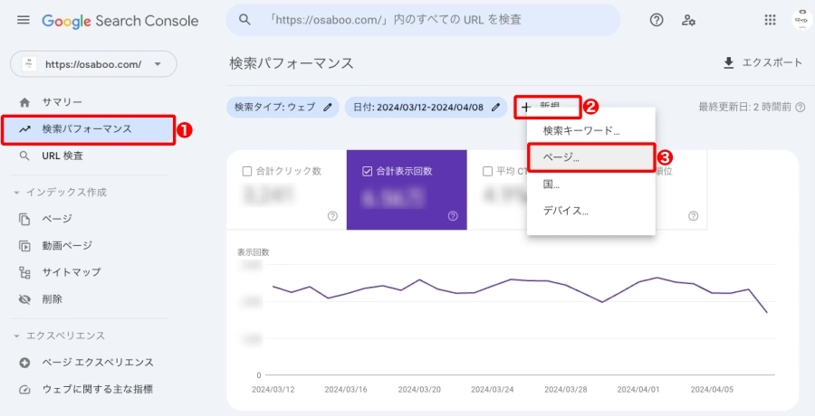 Search Console：検索パフォーマンス｜新規｜ページ